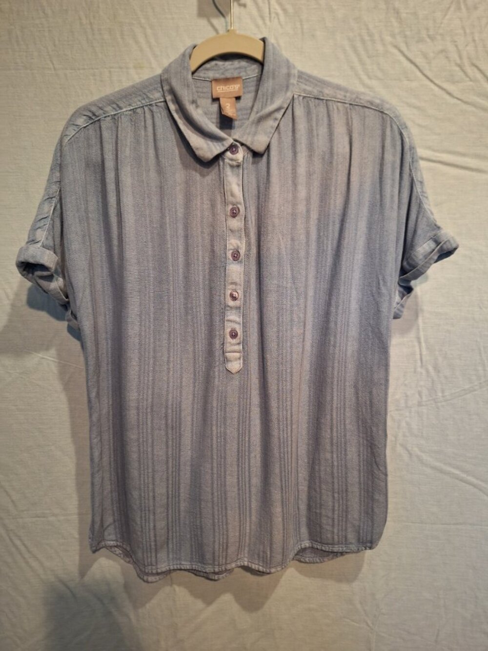 Chicos Top Womens 2 Blue Stripe Linen Blend Pullover Casual Blouse US Large 14